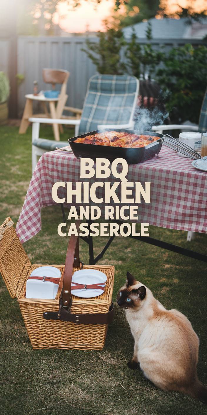 A picnic setting with a table, BBQ chicken and rice casserole, a wicker basket, and a cat on the grass.