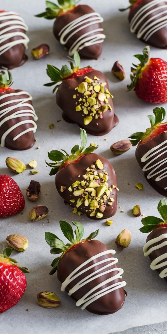 Chocolate-covered strawberries with pistachio toppings and white drizzle are arranged on parchment paper along with scattered pistachio nuts.