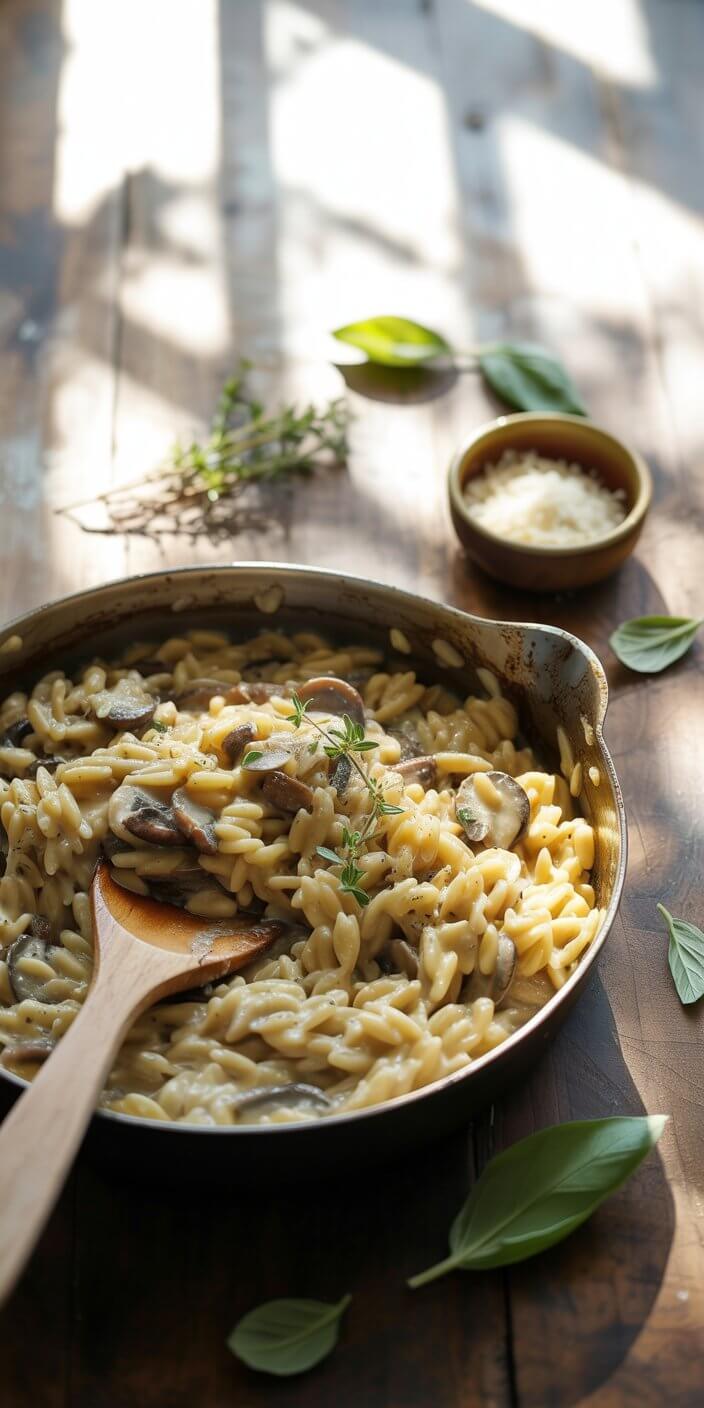 A skillet of creamy mushroom pasta with herbs on a wooden table, accompanied by parmesan cheese and fresh basil leaves.