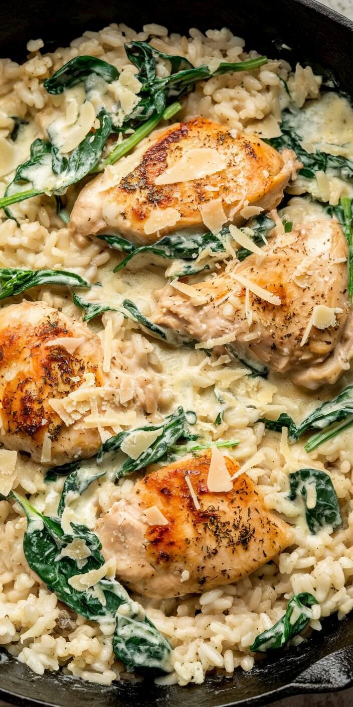 Creamy risotto topped with seasoned chicken, fresh spinach, and shaved parmesan in a skillet, showcasing a comforting and delicious home-cooked meal.