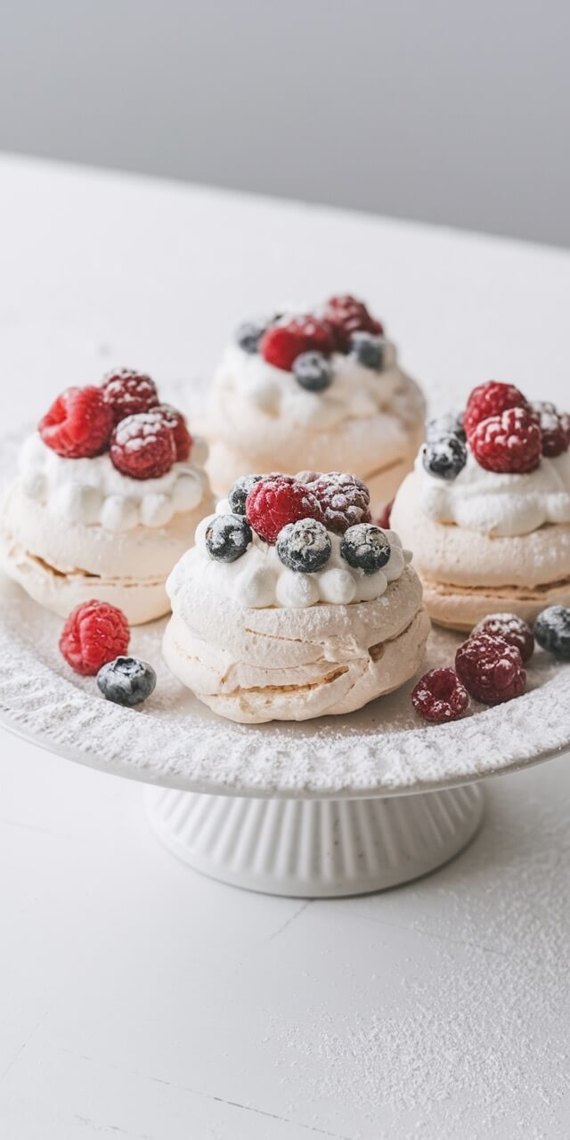 Four meringue desserts topped with raspberries, blueberries, and cream are elegantly displayed on a white cake stand dusted with powdered sugar.