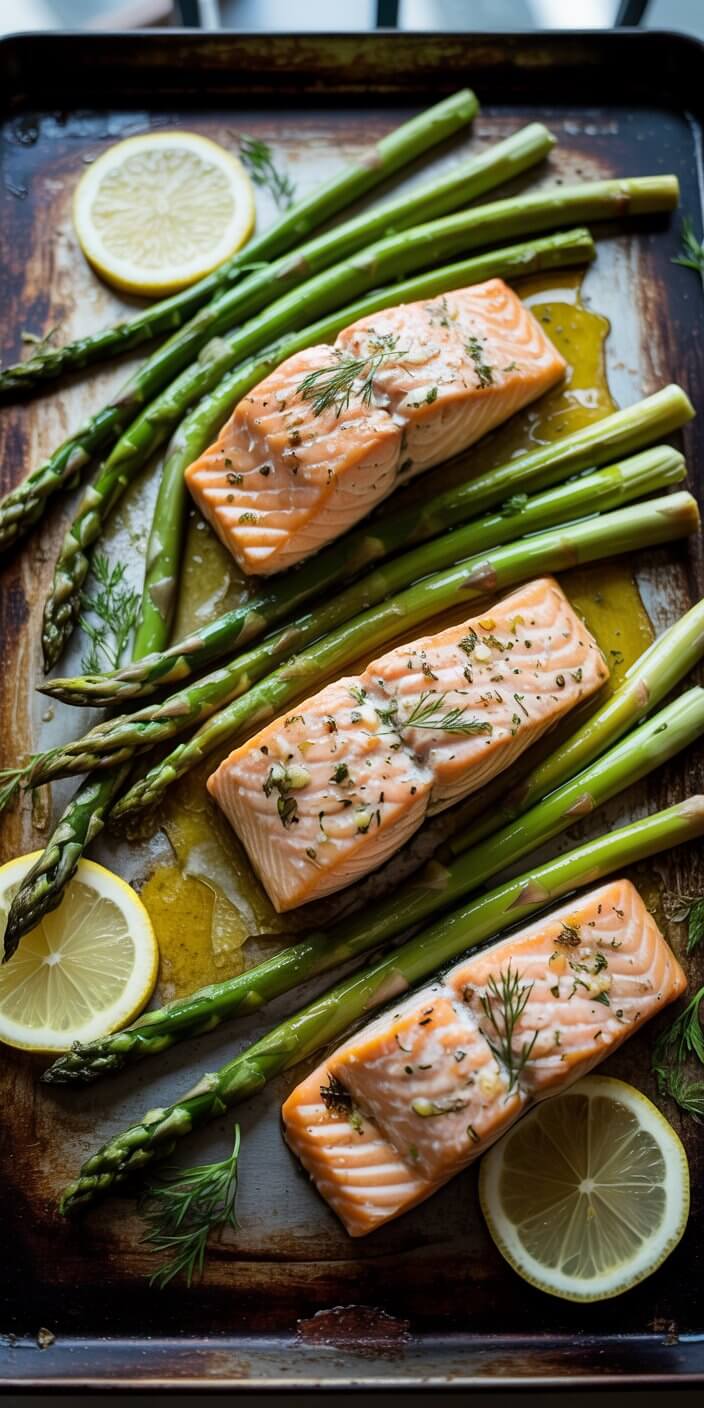 Salmon and asparagus on a baking tray with fresh dill, lemon slices, and olive oil, creating a healthy, colorful meal.