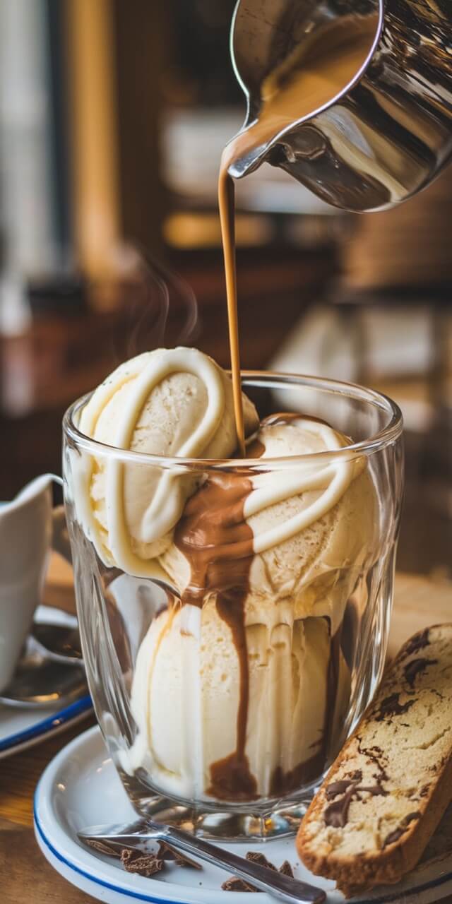 Vanilla ice cream in a glass, with hot espresso being poured, creating an affogato. Served on a plate with biscotti and chocolate shavings.