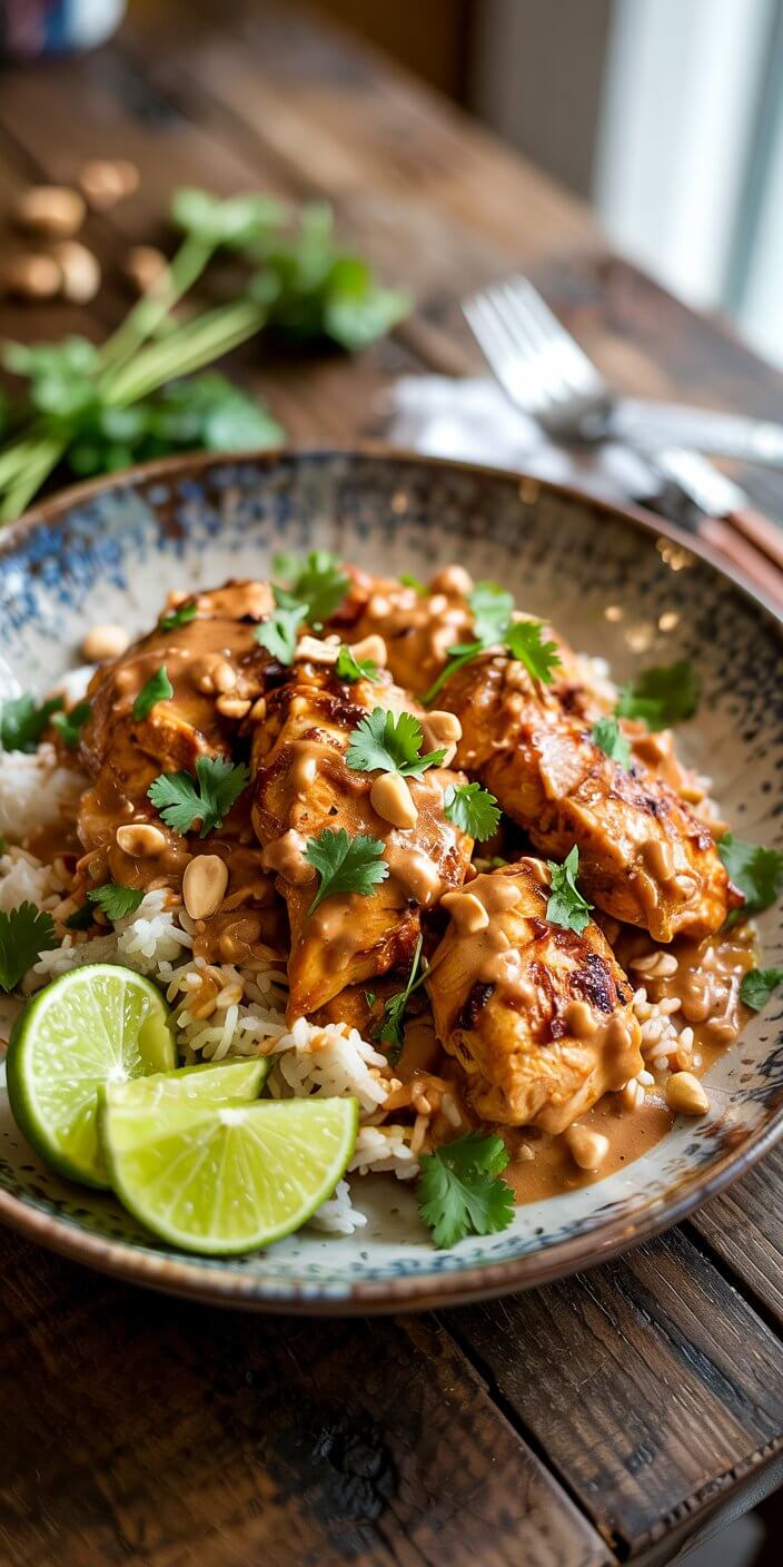 A ceramic bowl contains grilled chicken with peanut sauce over rice, garnished with cilantro and lime slices, on a rustic wooden table.