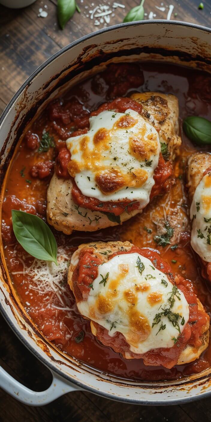 Baked chicken breast with melted cheese and tomato sauce in a rustic pan, garnished with fresh basil leaves on a wooden surface.