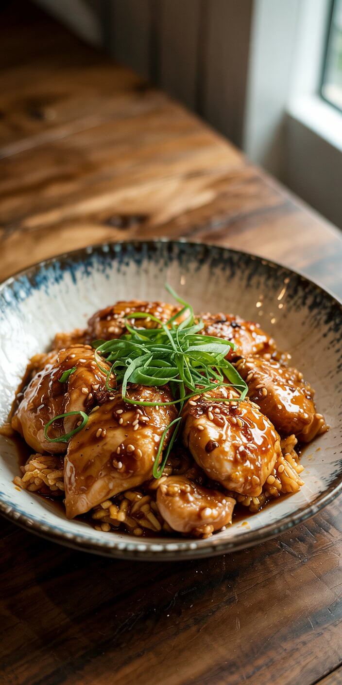 A bowl of glazed chicken garnished with green onions and sesame seeds is on a wooden table near a window.