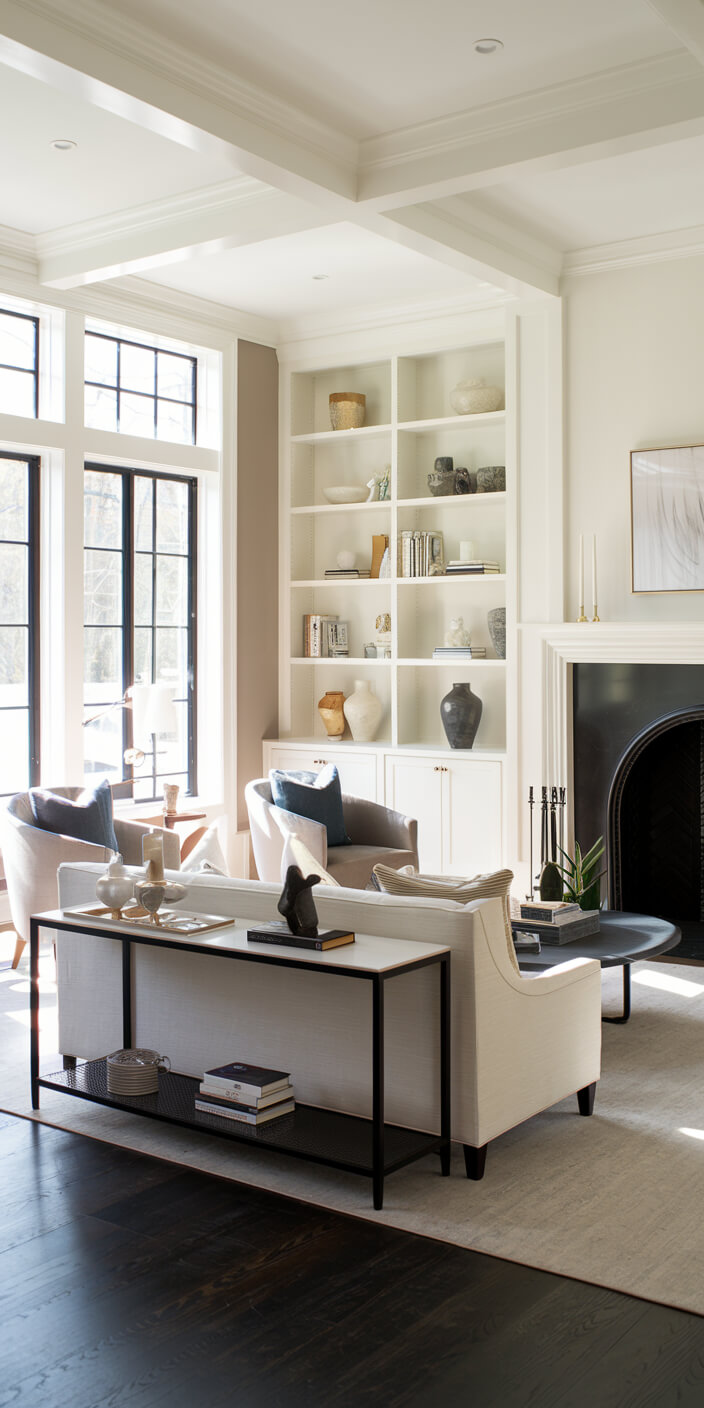 Bright, elegant living room with large windows, white shelves, decorative pottery, a cozy seating area, and a black fireplace, creating a sophisticated ambiance.