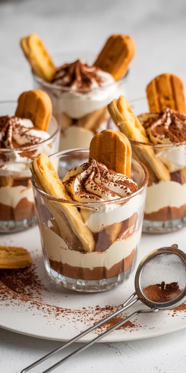 Glasses of tiramisu topped with cocoa powder and ladyfinger biscuits. Metal sieve with cocoa on the plate. Dessert presentation on white background.