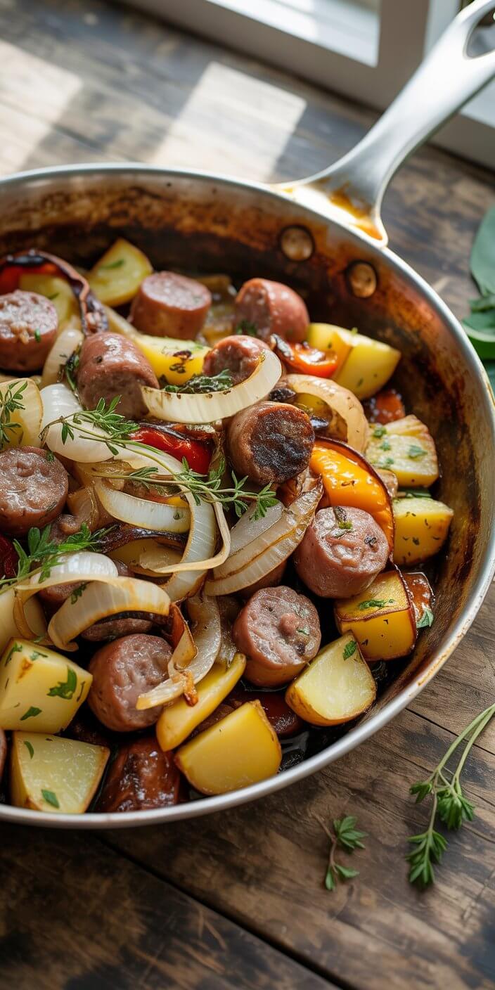 A sizzling skillet filled with sausage, potatoes, onions, and bell peppers, garnished with fresh herbs, sits on a rustic wooden surface.