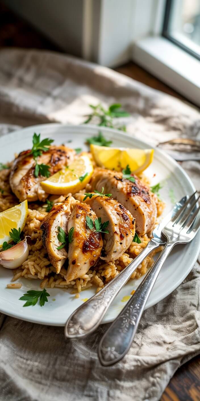 A plate of grilled chicken over rice, garnished with lemon slices and parsley, is served by a window, alongside utensils on a cloth.