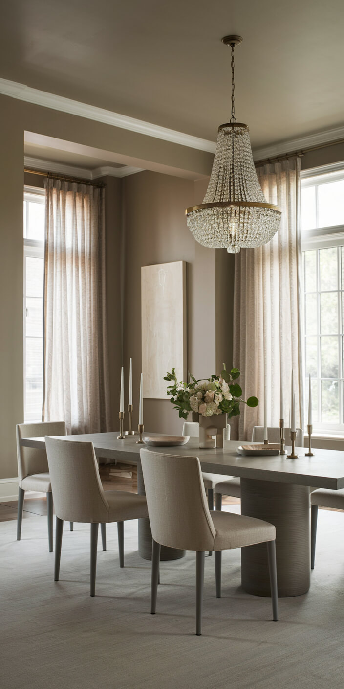 Elegant dining room with a large chandelier, modern table, and chairs. Soft lighting, floral centerpiece, and tall candles complete the sophisticated setting.