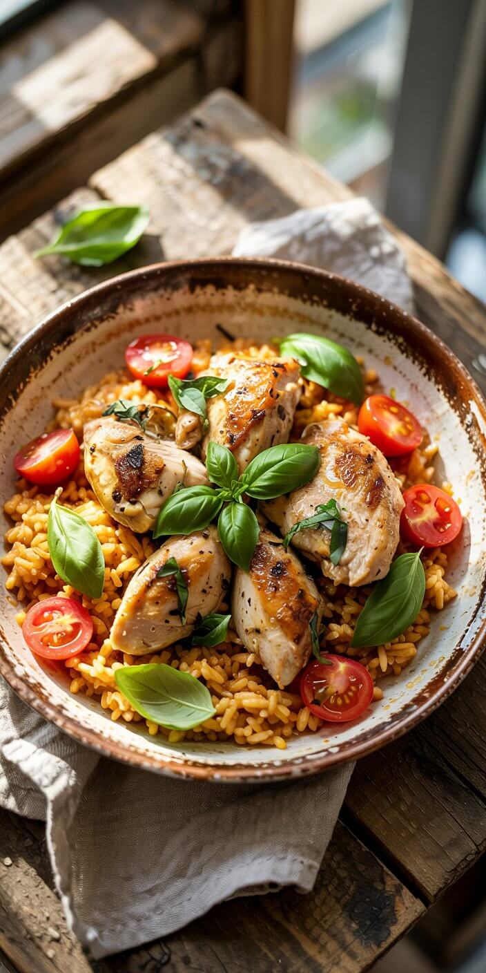 A rustic bowl of grilled chicken, cherry tomatoes, and basil on a bed of rice, placed on a wooden table near a window.