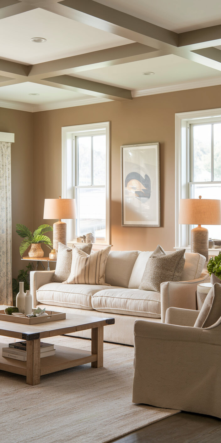 A cozy, well-lit living room with a beige sofa, wooden coffee table, decorative plants, and modern decor. Warm, neutral tones create a calming ambiance.