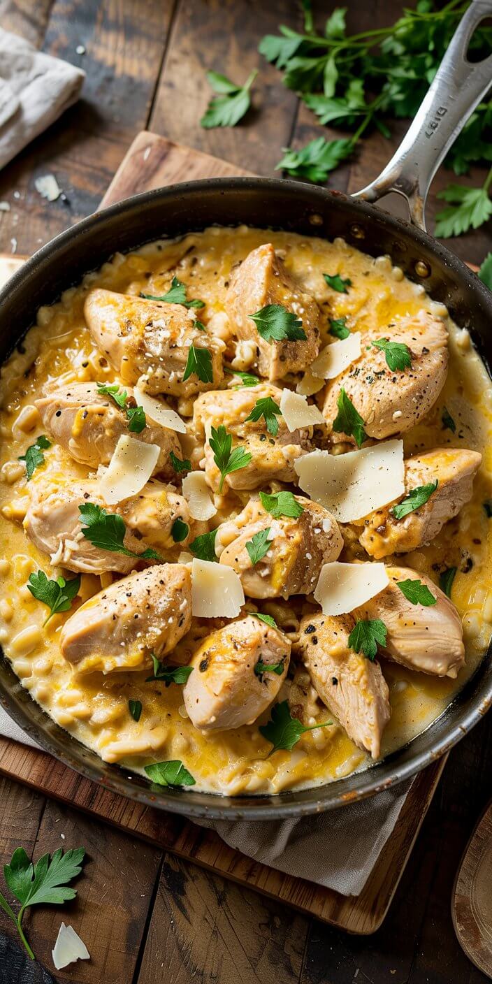 A skillet contains creamy chicken pasta garnished with parsley and shaved Parmesan. Wooden surface and fresh parsley leaves in the background.
