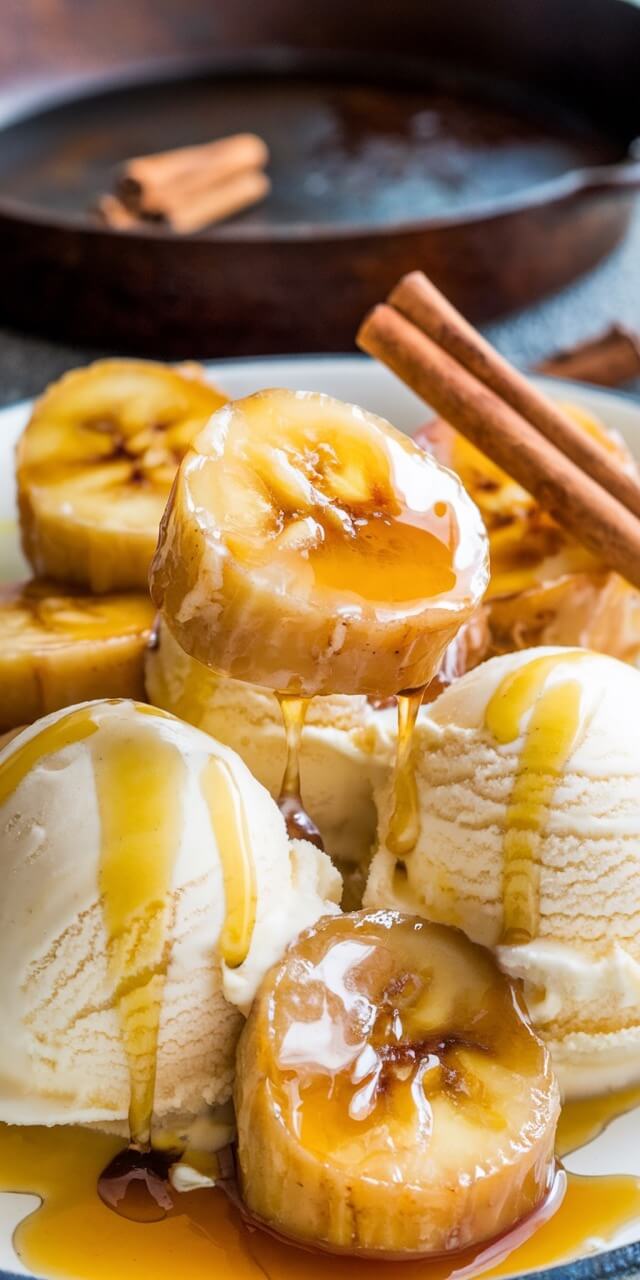 Ice cream scoops topped with banana slices, drizzled with syrup and garnished with cinnamon sticks. A sweet dessert presentation on a plate.