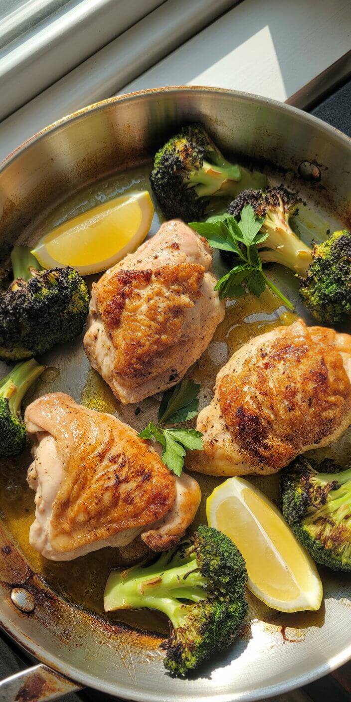 Seared chicken thighs in a pan with roasted broccoli, lemon wedges, and a sprig of parsley, bathed in golden sunlight.