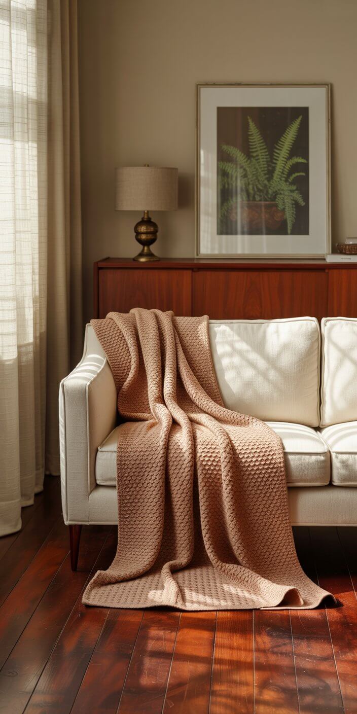Cozy living room features a white sofa with a textured pink blanket, wooden floor, plant artwork, and a vintage lamp.