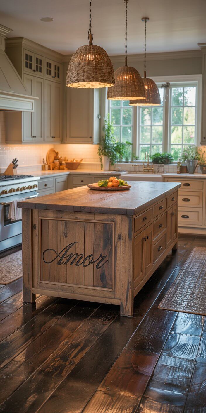 A cozy kitchen features wicker pendant lights, rustic wooden island with "Amor" inscribed, and lush greenery by large windows.