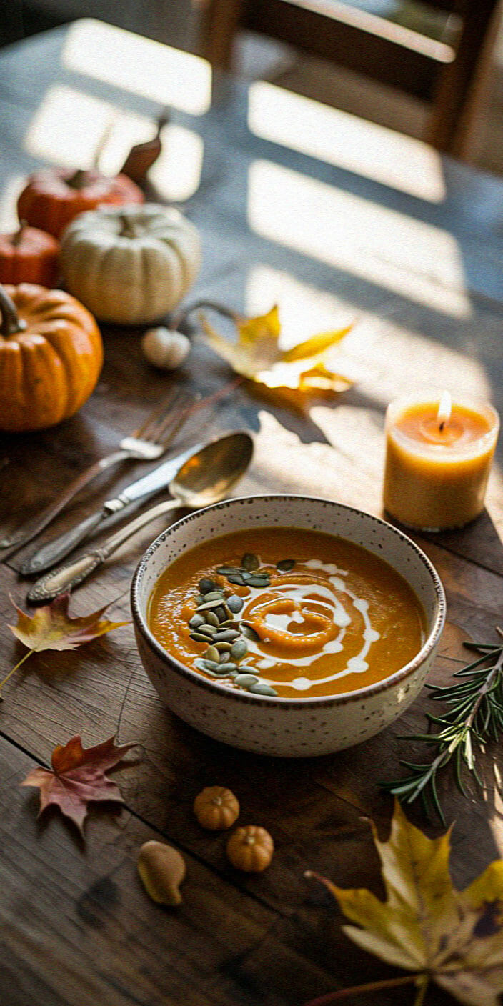 A cozy autumn scene with pumpkin soup, garnished with cream and seeds, surrounded by small pumpkins, leaves, and a candle on a table.