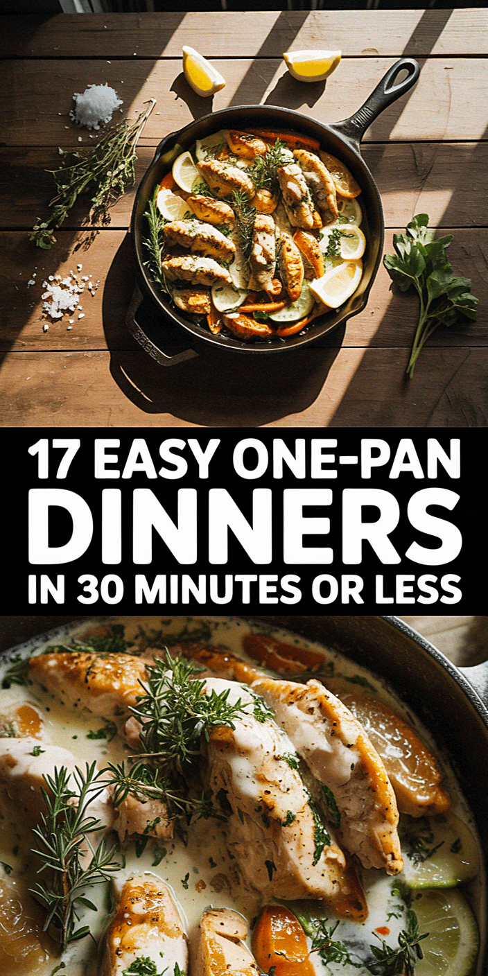 Cast iron skillet with seasoned chicken and vegetables on a wooden table. Text: "17 Easy One-Pan Dinners in 30 Minutes or Less."