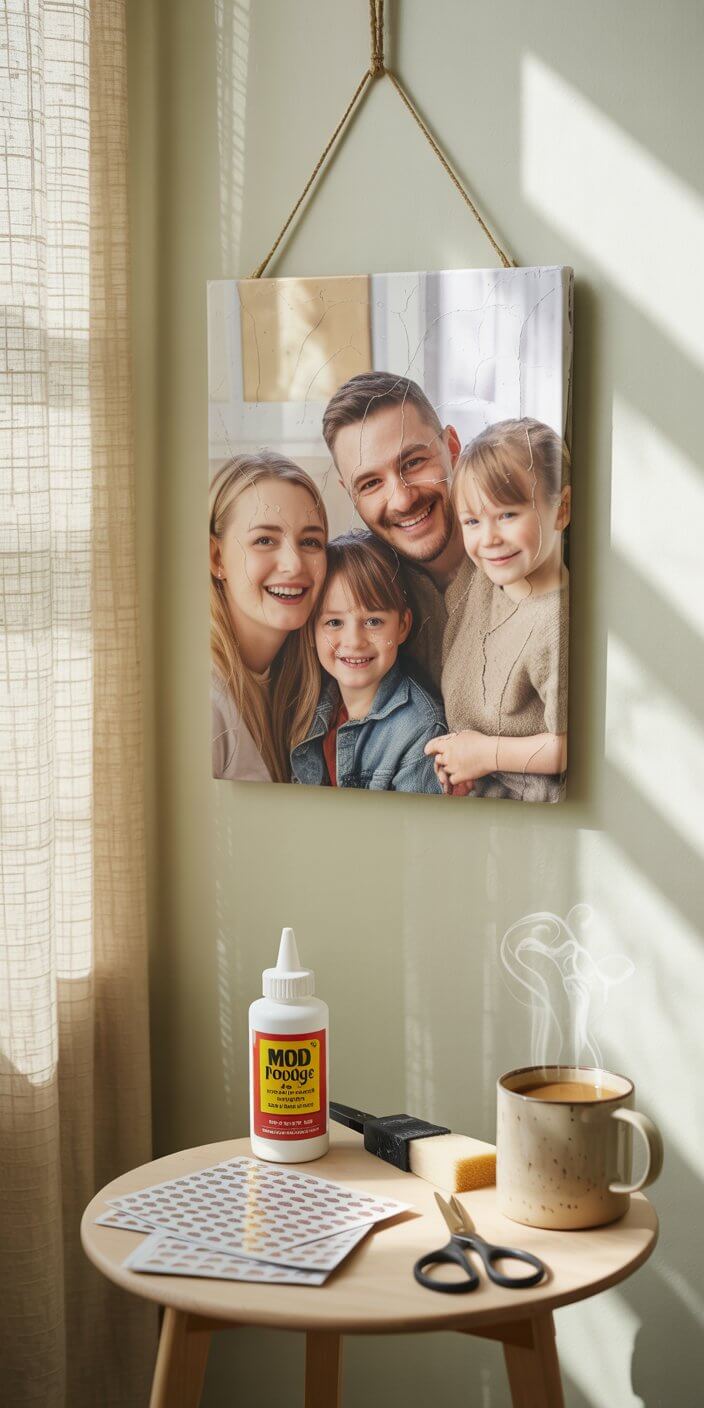 A family portrait hangs on a wall above a table with crafting materials, including Mod Podge glue, scissors, and a steaming cup.