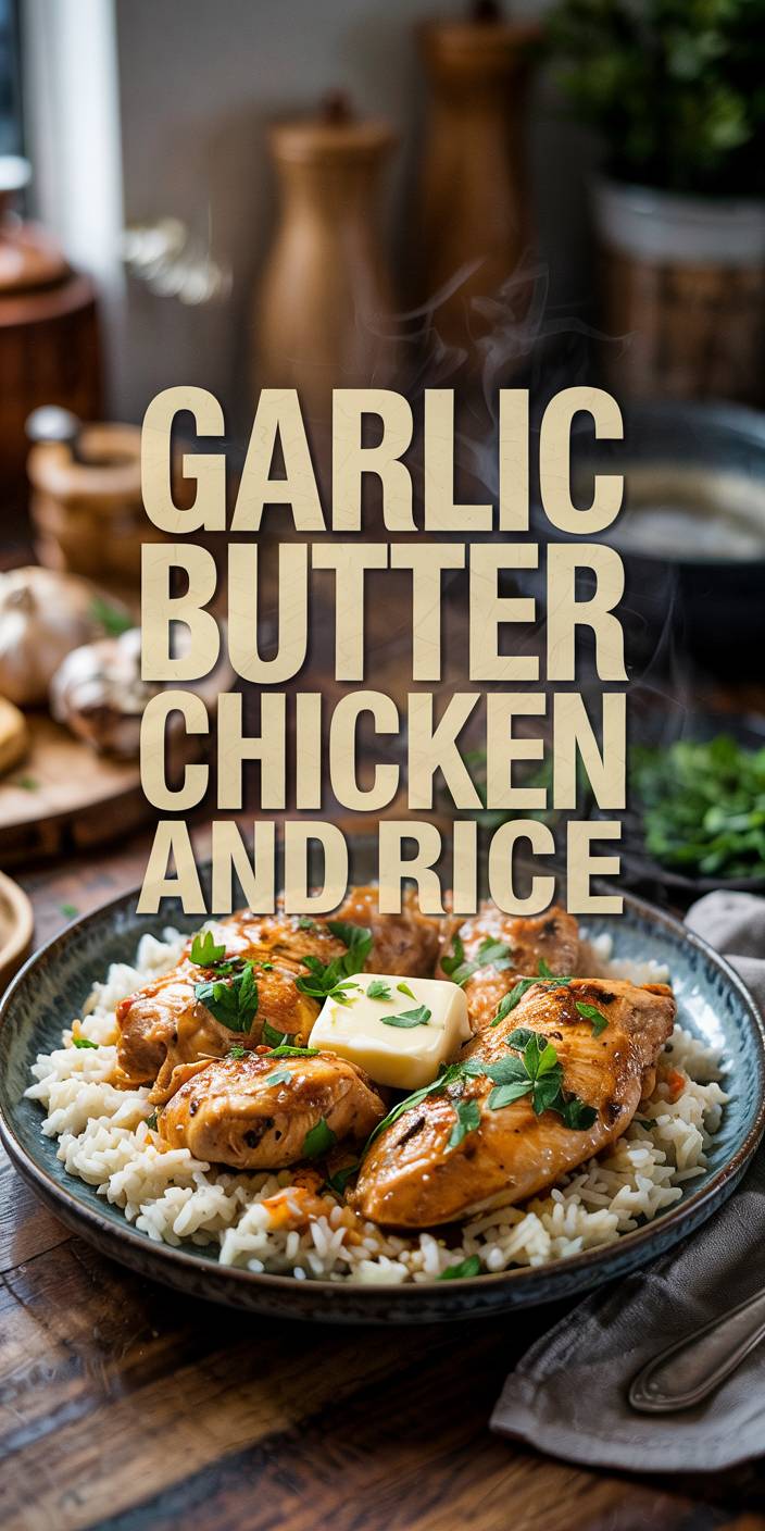 A plate of garlic butter chicken on rice is garnished with herbs and butter, with kitchen items blurred in the background.