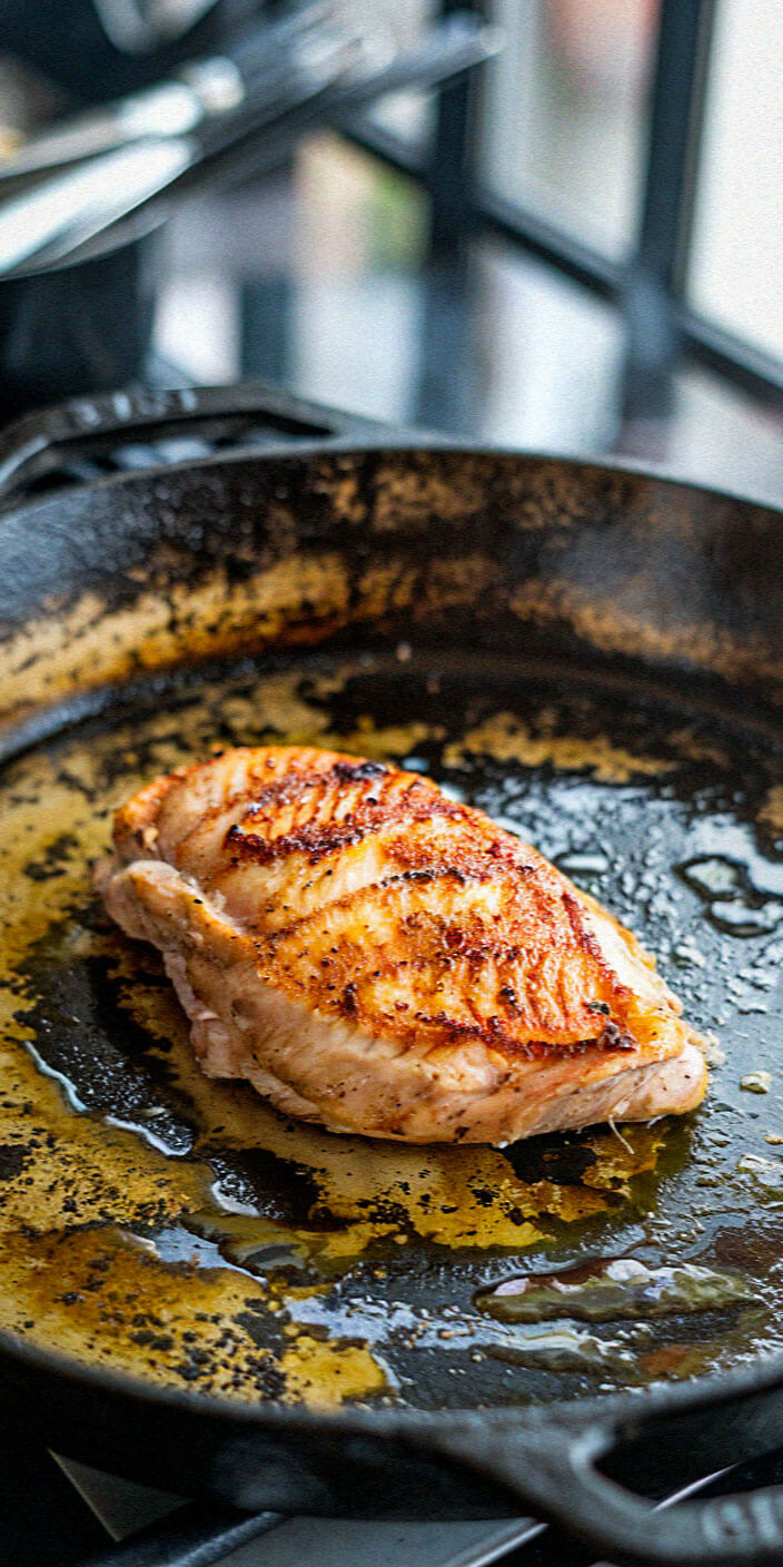A piece of grilled chicken breast sizzling in a black, well-used skillet, with a window in the blurred background.