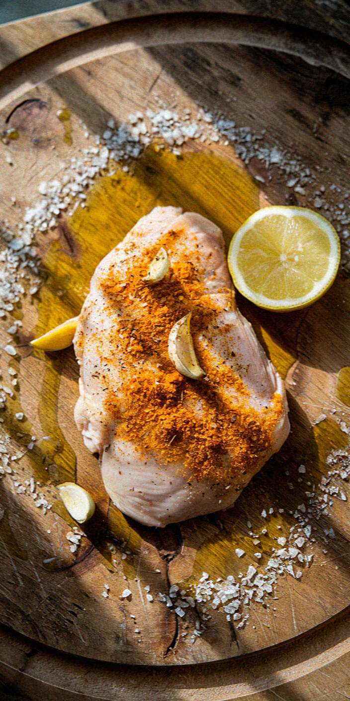 Raw chicken breast with spices, garlic cloves, lemon slice, sea salt, and olive oil on a wooden board, ready for cooking.