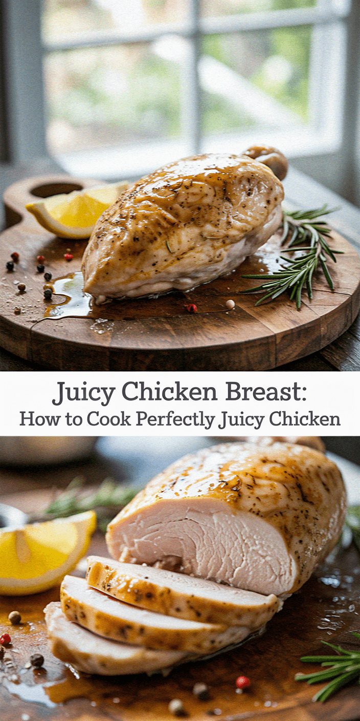 Cooked chicken breast garnished with rosemary and lemon on a wooden board, showcasing a juicy preparation. Text: "Juicy Chicken Breast: How to Cook."