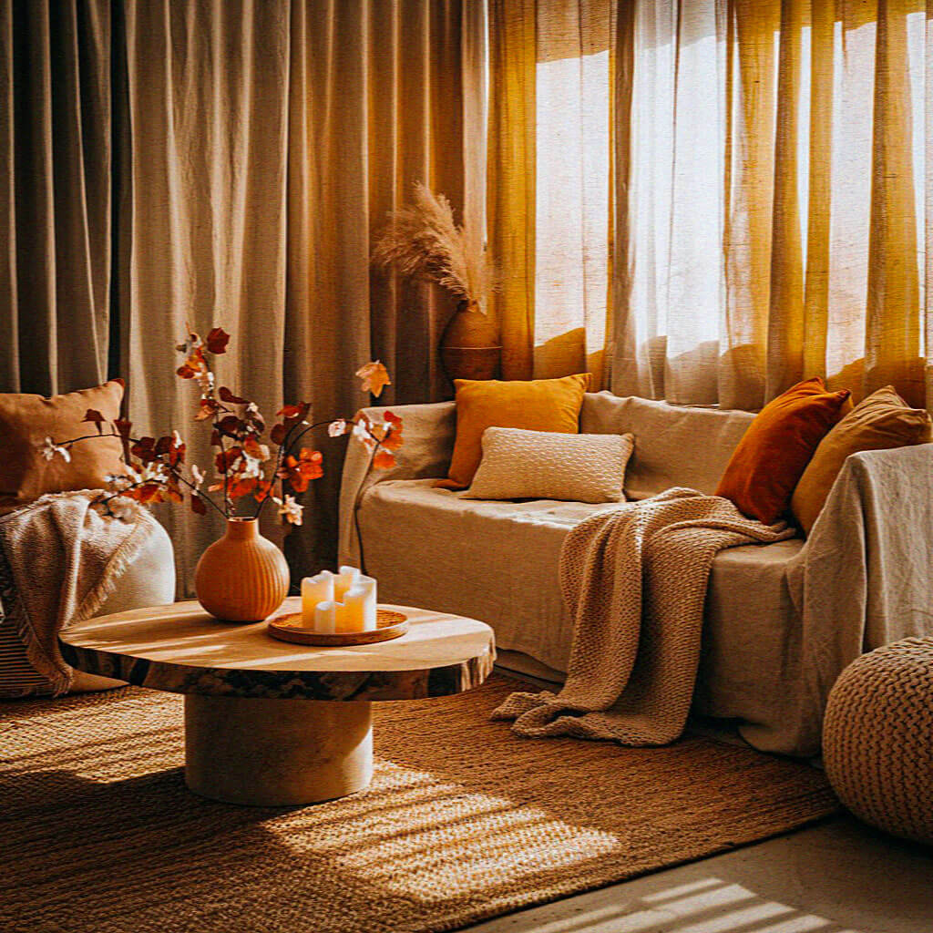 Cozy living room with warm colors, textured fabrics, and natural light. Features rustic coffee table, decorative vase, and candles creating a serene atmosphere.