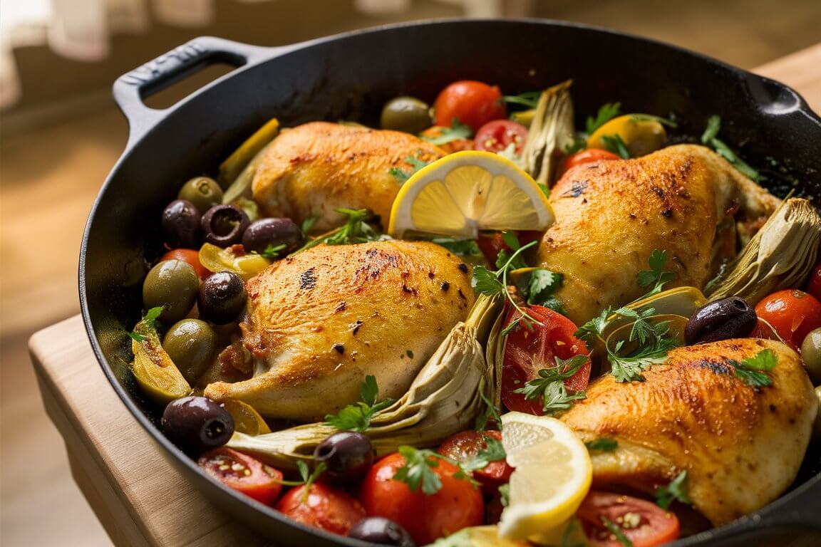 A cast iron skillet with roasted chicken, artichokes, olives, tomatoes, lemon slices, and parsley, sitting on a wooden table.