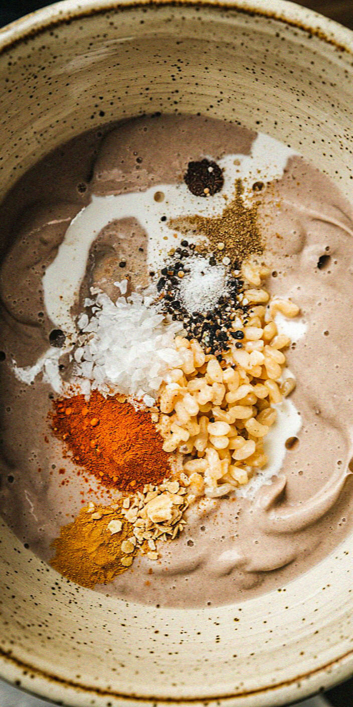 A bowl filled with creamy mixture, topped with variety of spices and grains, including paprika, turmeric, salt, and rice, creating a colorful display.