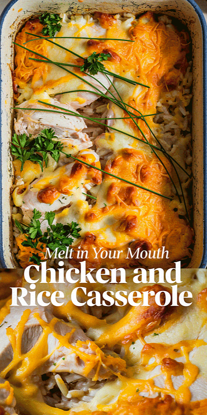 Baked chicken and rice casserole topped with melted cheese and herbs, featuring text: "Melt in Your Mouth Chicken and Rice Casserole." Delicious comfort food.