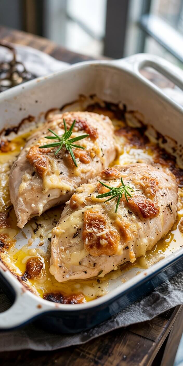 Two baked chicken breasts in a white dish, garnished with rosemary and cheese, resting on a wooden table near a window.