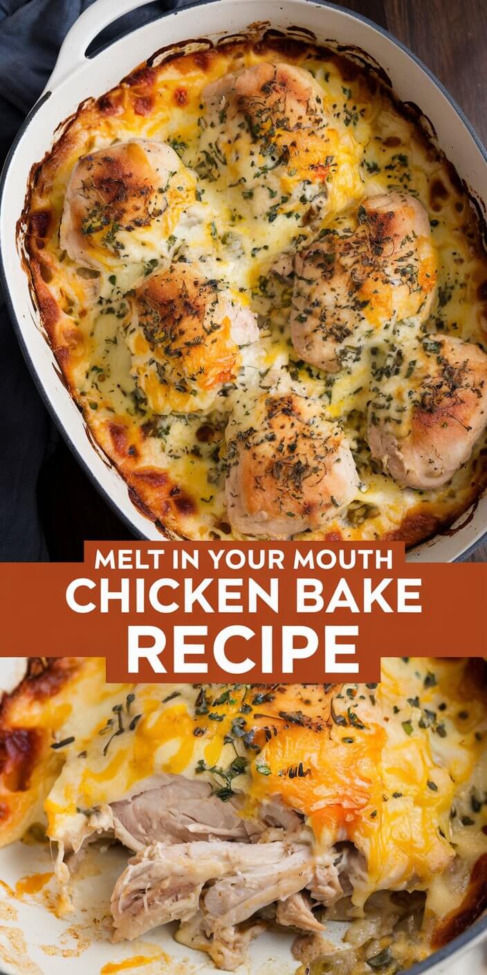 Baked chicken dish with cheese and herbs, displayed in an oval dish. Text overlay reads, "Melt in Your Mouth Chicken Bake Recipe."