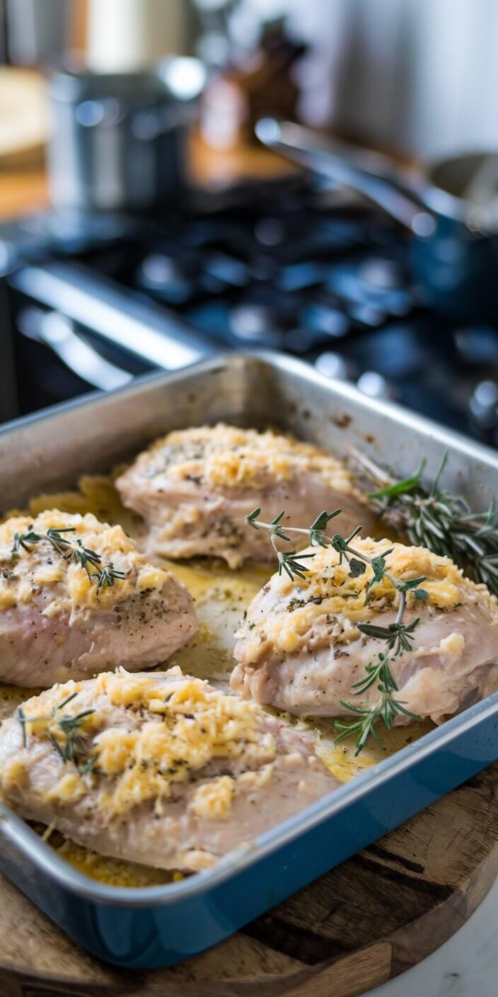 Four seasoned chicken breasts with cheese and herbs in a blue baking dish on a stove, with kitchen items blurred in background.