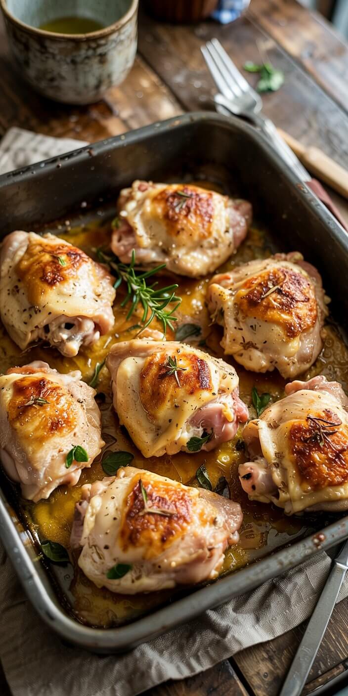 Golden-brown roasted chicken thighs seasoned with herbs in a baking tray on a rustic wooden table, accompanied by cutlery and a ceramic mug.