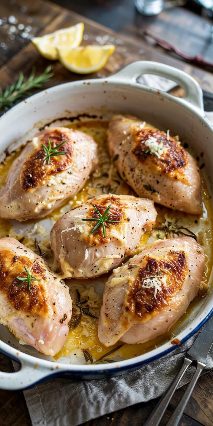 Roasted chicken breasts with herbs and cheese in a baking dish. Lemon wedges and rosemary sprigs lie nearby on a wooden table.