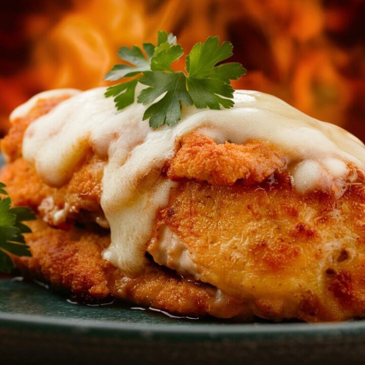 Crispy chicken breast topped with melted mozzarella and fresh parsley on a plate, with a warm, fiery background adding a cozy atmosphere.