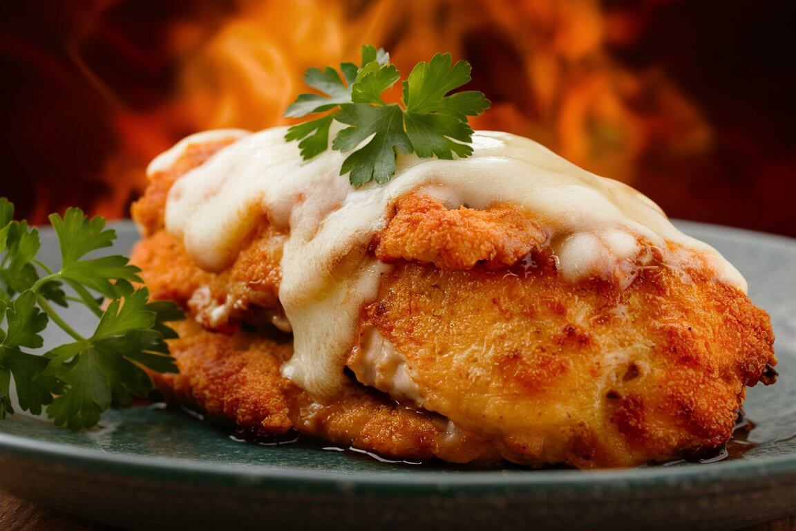 Crispy chicken breast topped with melted mozzarella and fresh parsley on a plate, with a warm, fiery background adding a cozy atmosphere.