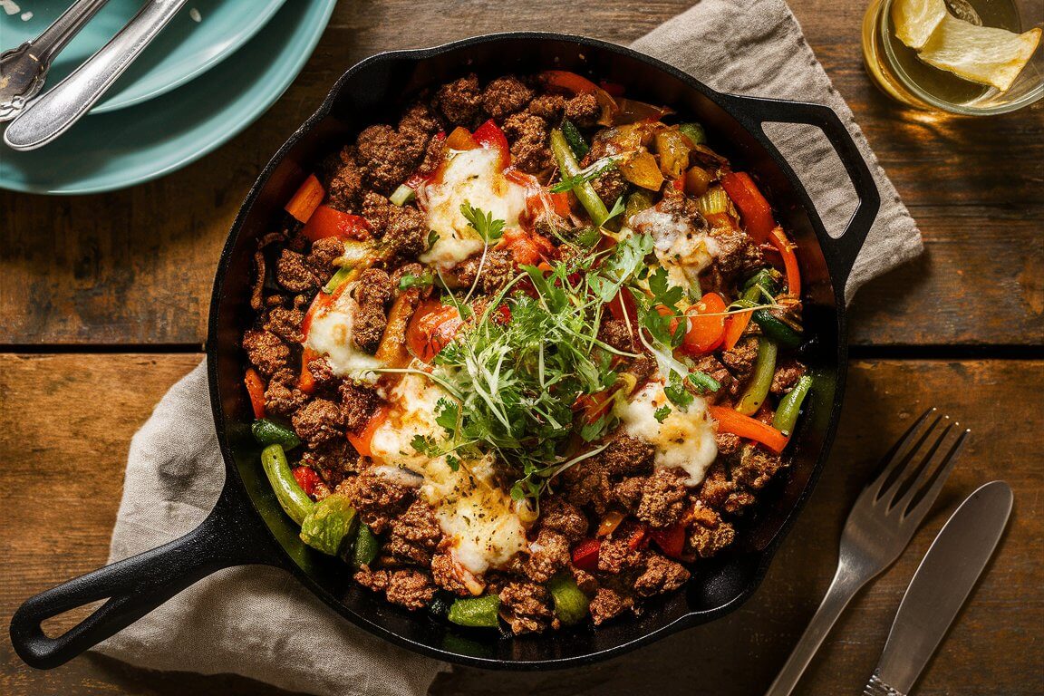 Colorful skillet with cooked beef, bell peppers, cheese, and herbs on a wooden table. Plates, utensils, and a drink accompany the dish.