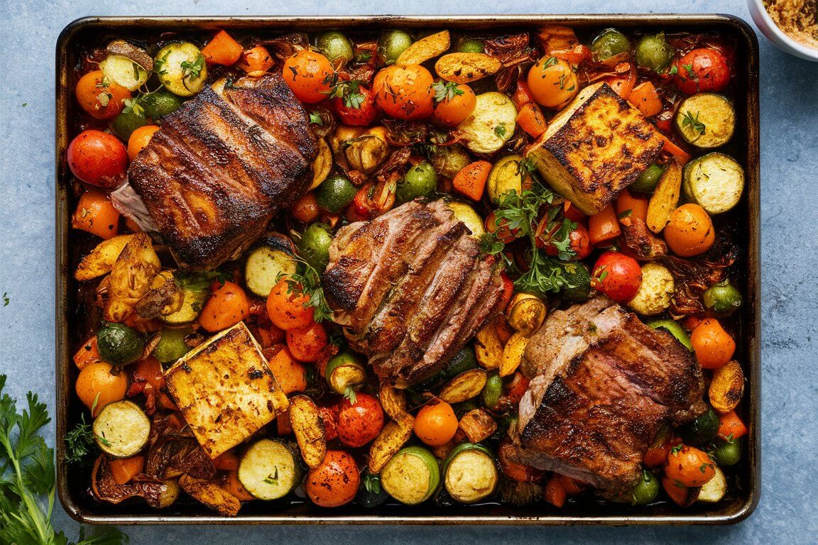 A tray of roasted vegetables with grilled meats and tofu, garnished with herbs, creates a colorful and appetizing assortment for serving.
