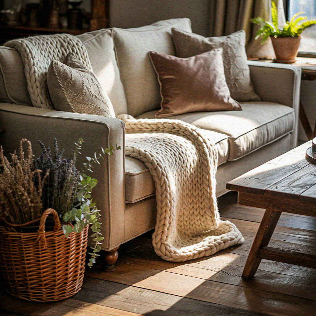 A cozy living room with a beige sofa, knitted blanket, and rustic wooden table. Soft light highlights a potted plant and wicker basket.
