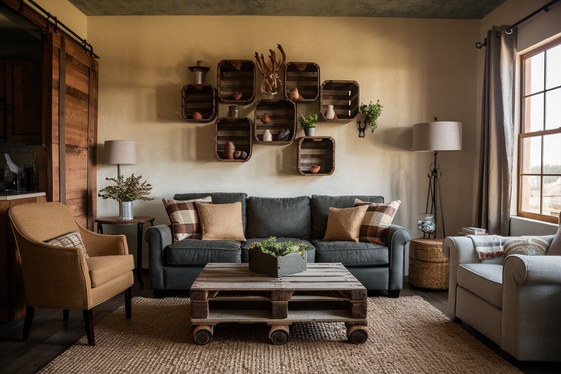 Cozy living room with a pallet coffee table, gray sofa, and creative wall shelves. Warm lighting highlights rustic and modern elements.