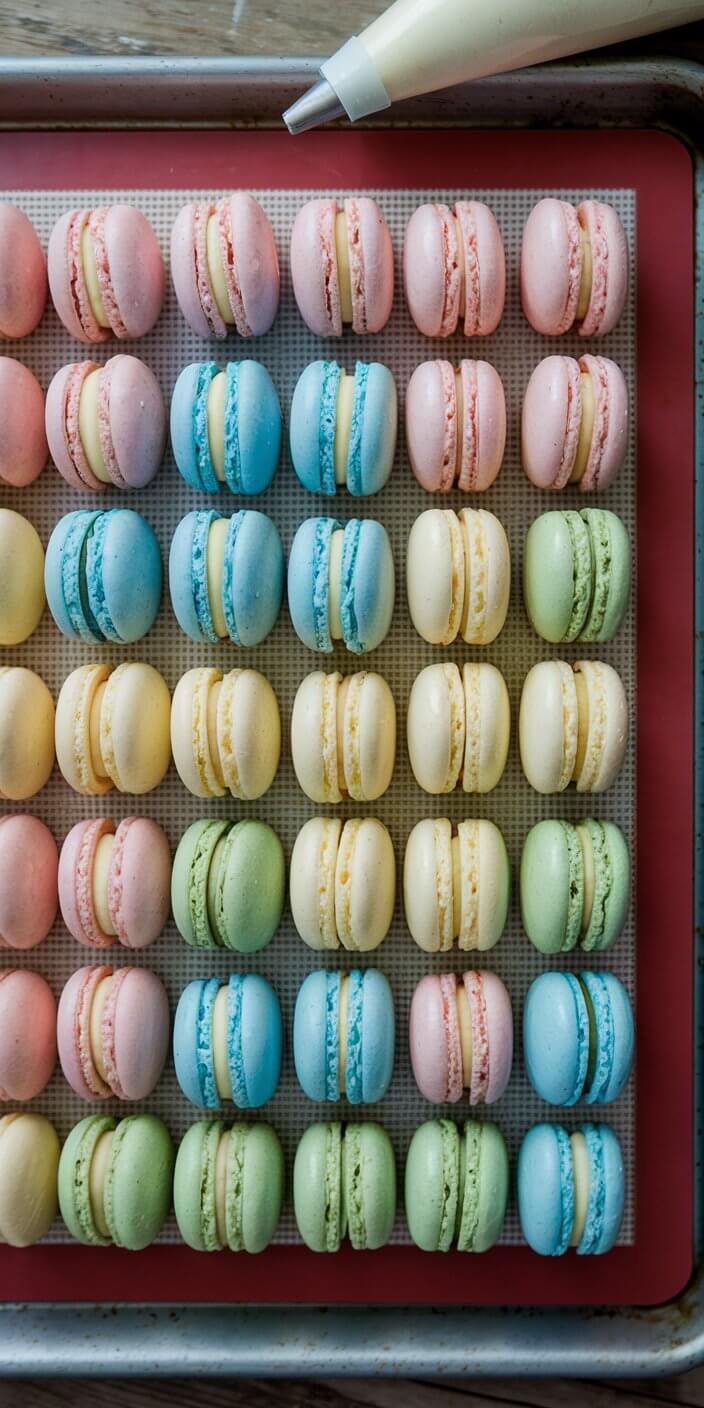 Colorful macarons arranged neatly on a baking sheet, showcasing pastel hues. A piping bag with cream rests above, highlighting a baking scene.