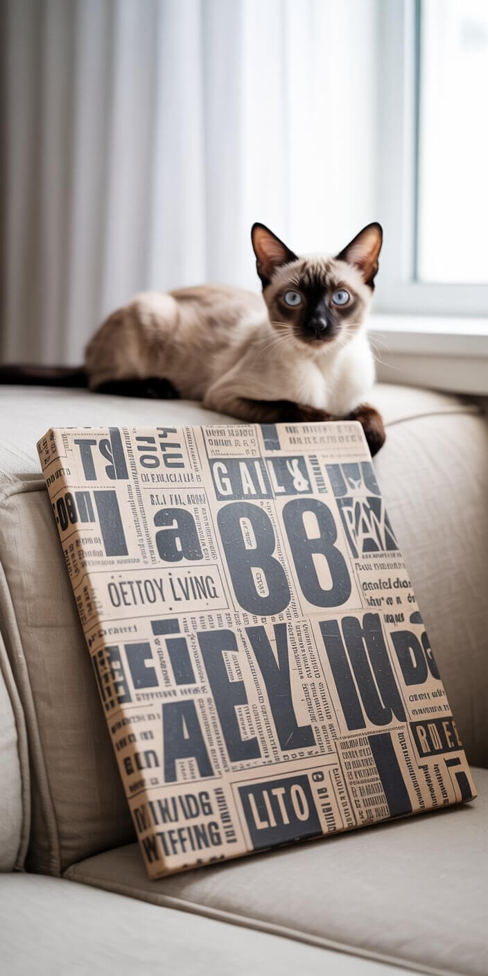 A cat with blue eyes lounges on a sofa near a window, next to a typographic pattern-covered canvas.
