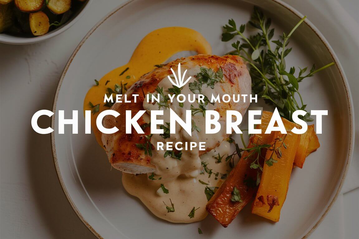 Close-up of a plated chicken breast dish with herbs and vegetables, featuring overlay text promoting a "Melt in Your Mouth" recipe.