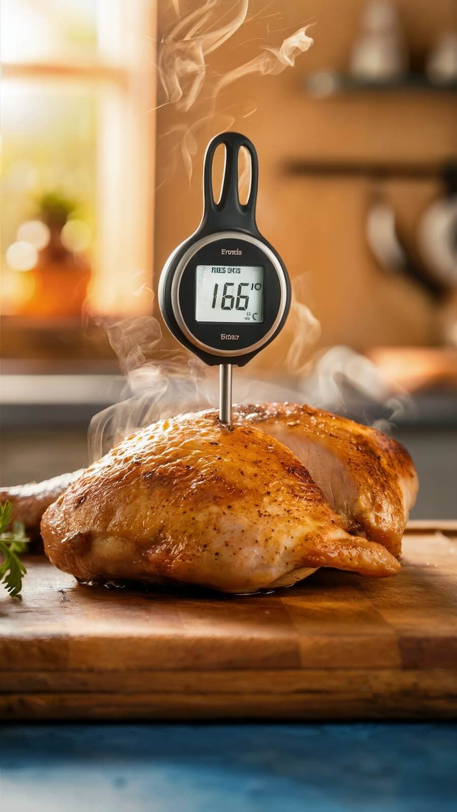A meat thermometer reads 166°F in a steaming roasted chicken on a wooden board, set in a warmly lit kitchen environment.