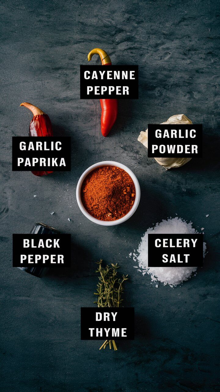 Various spices labeled: cayenne pepper, garlic powder, garlic paprika, black pepper, celery salt, dry thyme, and a central bowl of mixed spices.