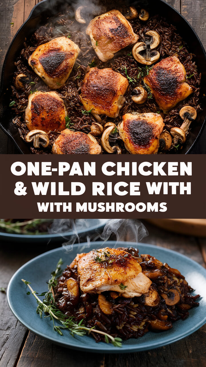 One-pan chicken, wild rice, and mushrooms cooked in a skillet. Presented with herbs on a blue plate, steam rising from hot dish.